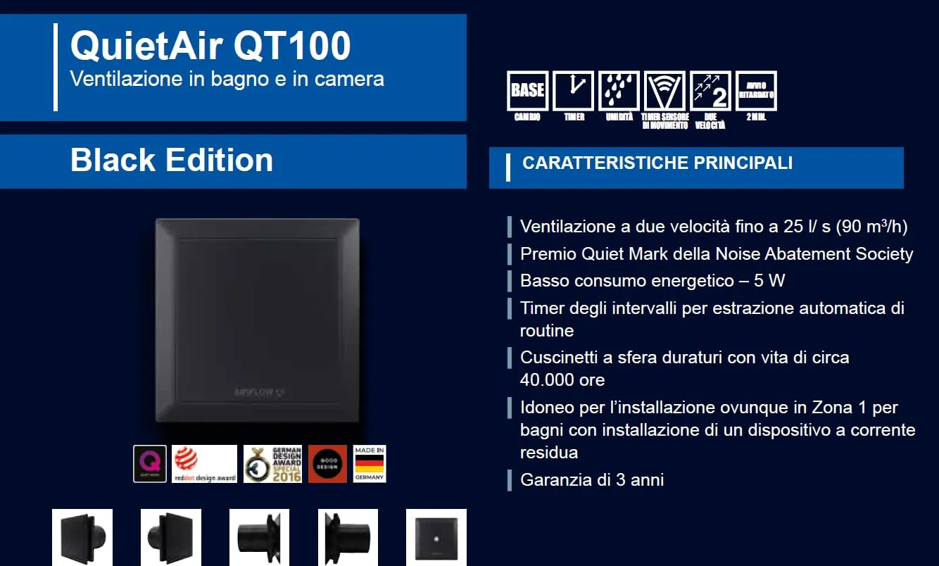 Airflow QuietAir QT100B Aspiratore Bagno Nero 100 mm