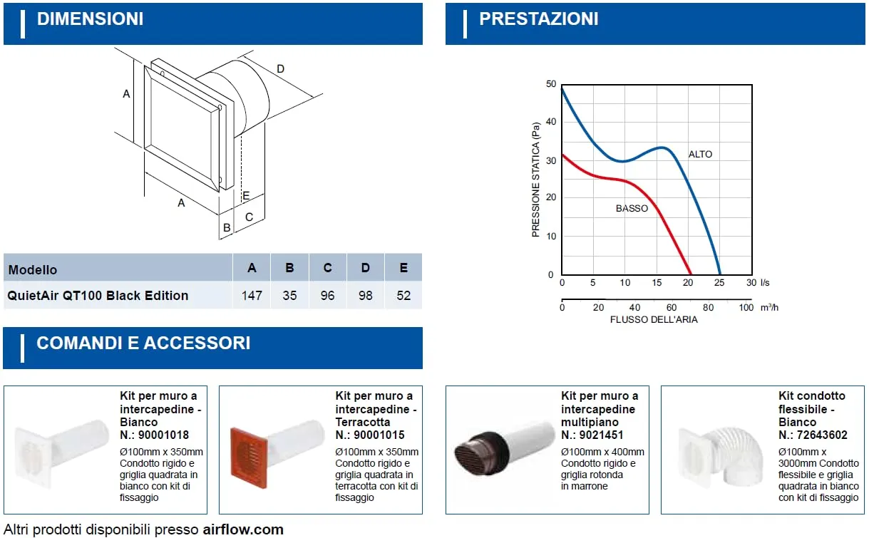 Airflow QuietAir QT100B Aspiratore Bagno Nero 100 mm